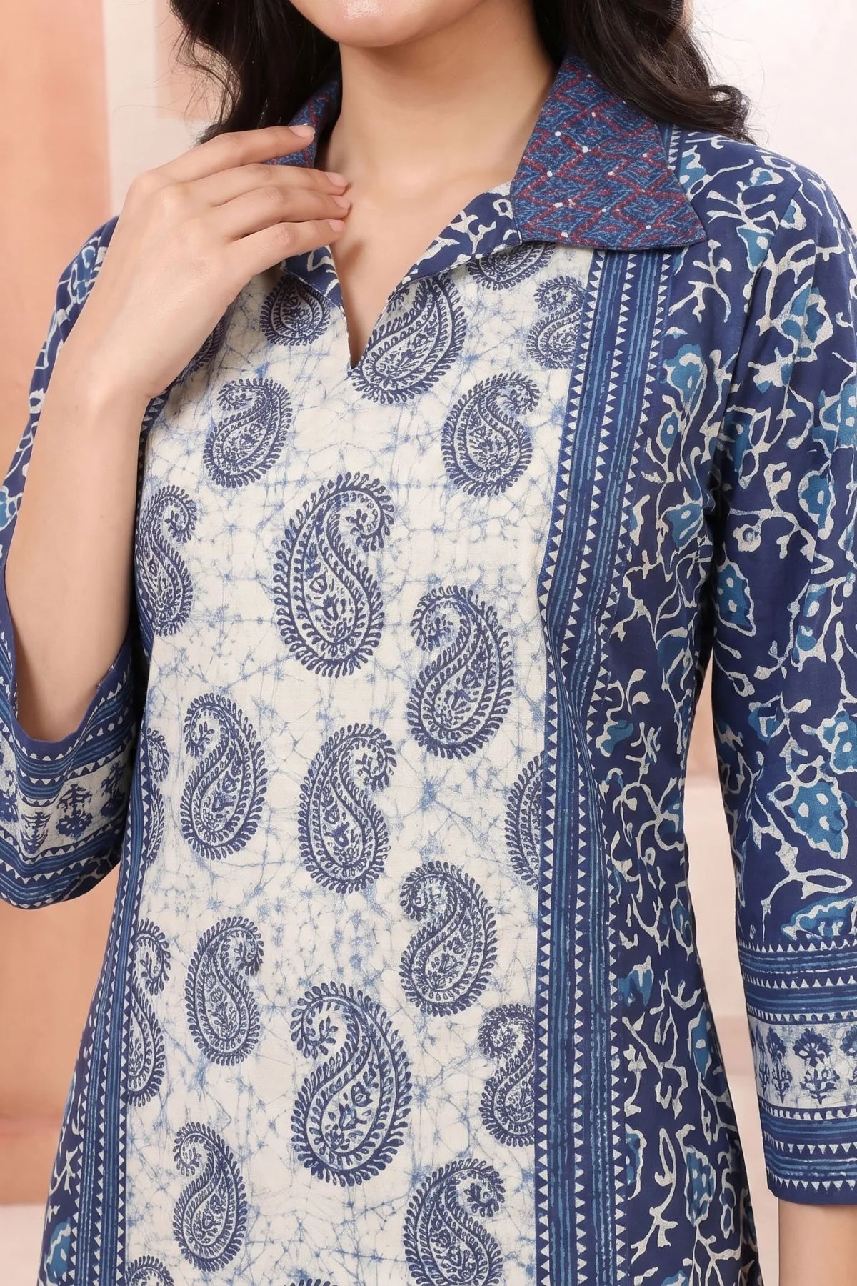 Indigo Paisley Cotton Short Kurti with Thread Work Collar
