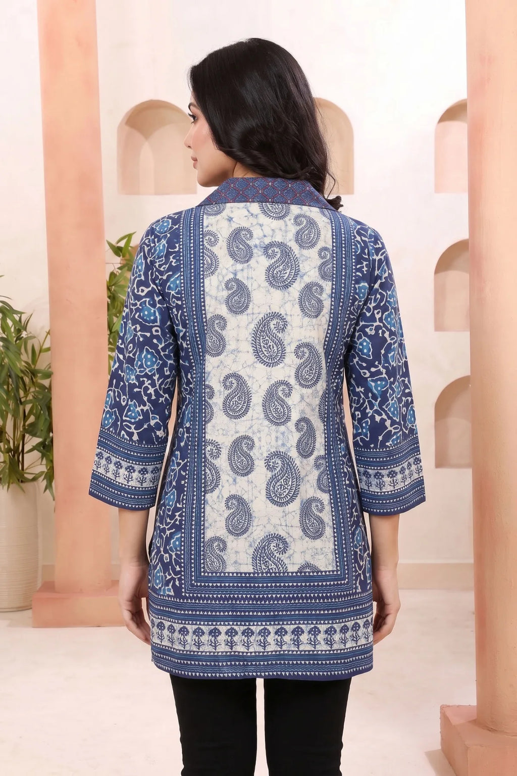 Indigo Paisley Cotton Short Kurti with Thread Work Collar