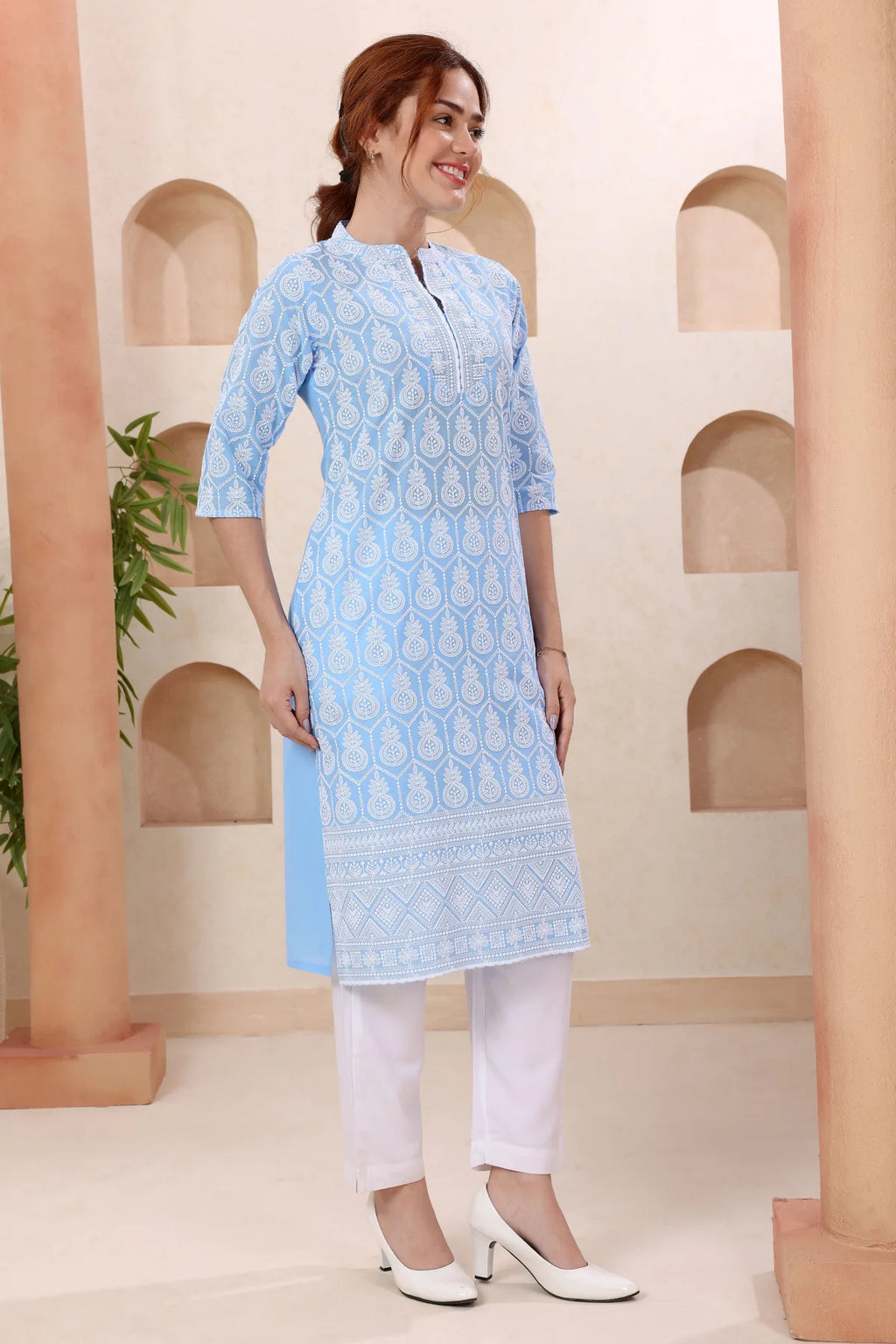 Joy In Turquoise Pure Cotton Chikankari Long Kurti