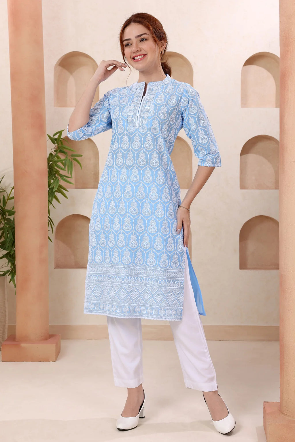 Joy In Turquoise Pure Cotton Chikankari Long Kurti