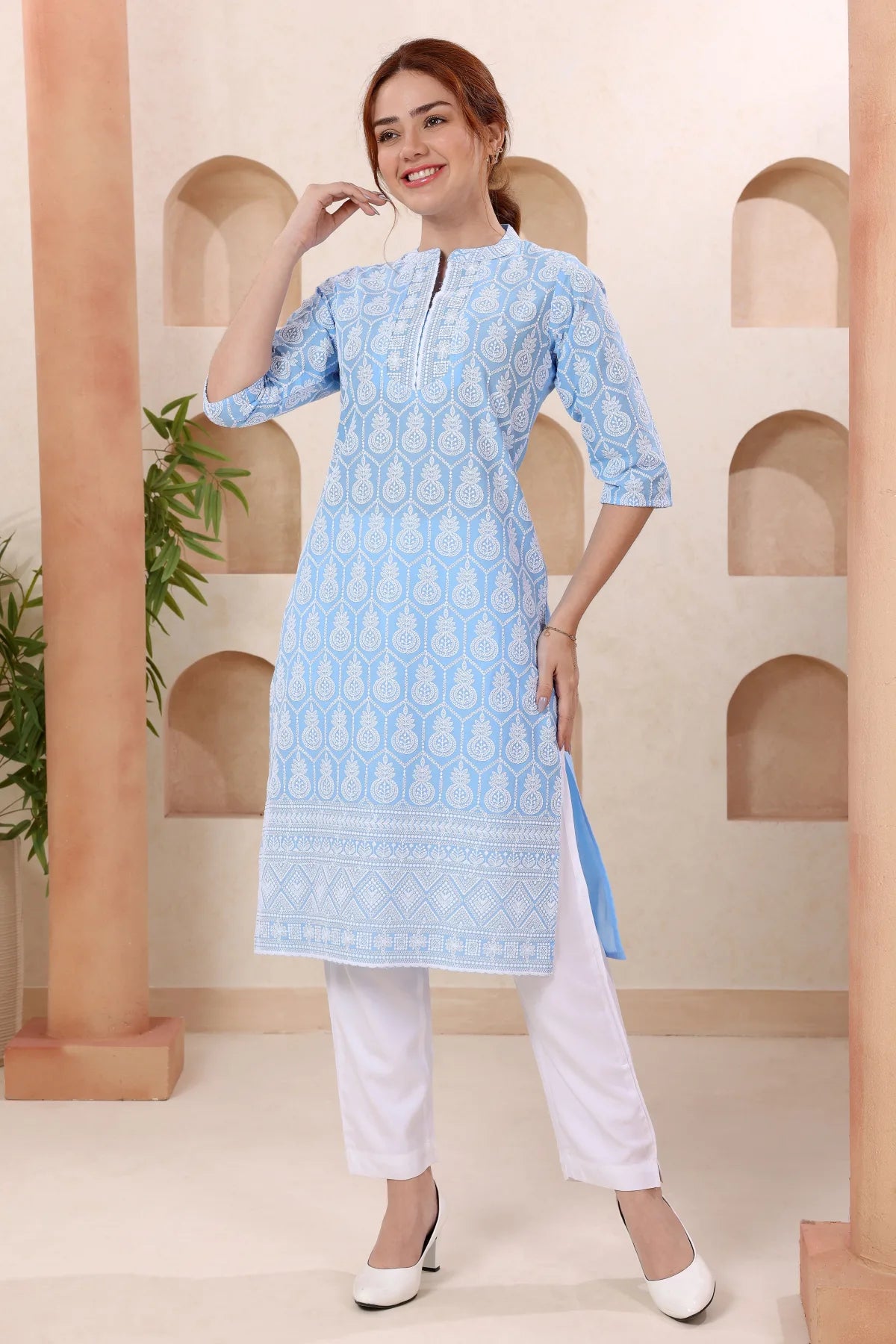 Joy In Turquoise Pure Cotton Chikankari Long Kurti