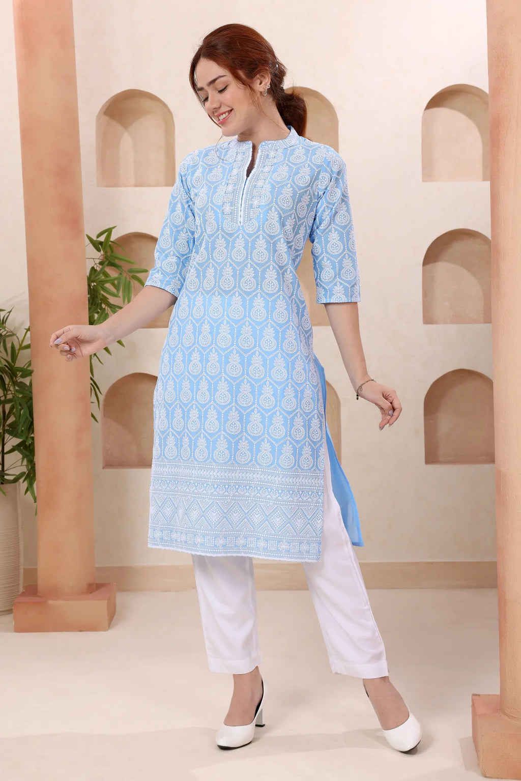 Joy In Turquoise Pure Cotton Chikankari Long Kurti