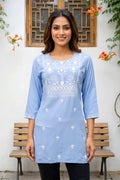 Light Blue Rayon Short Kurti with Chikankari Embroidery