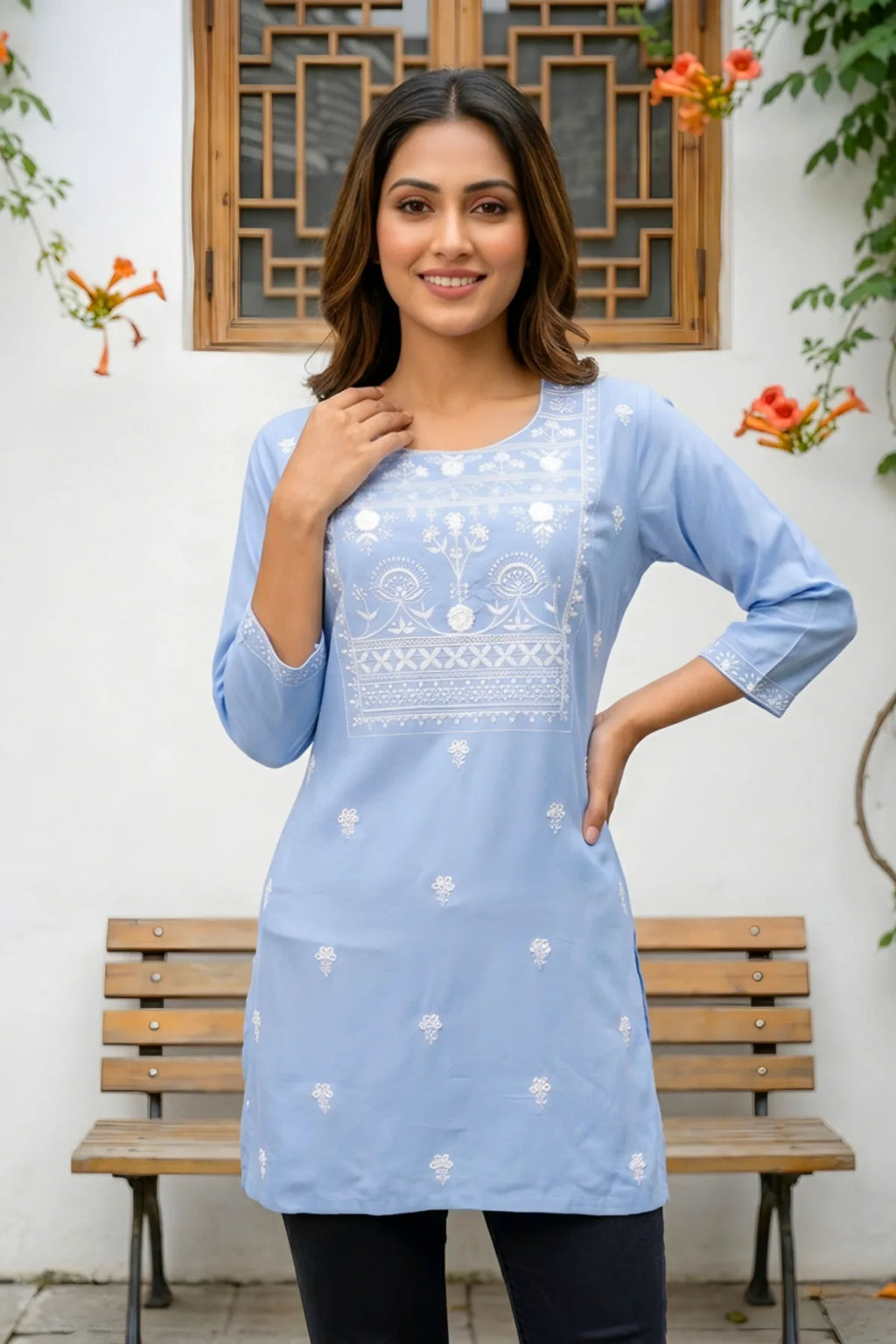 Light Blue Rayon Short Kurti with Chikankari Embroidery
