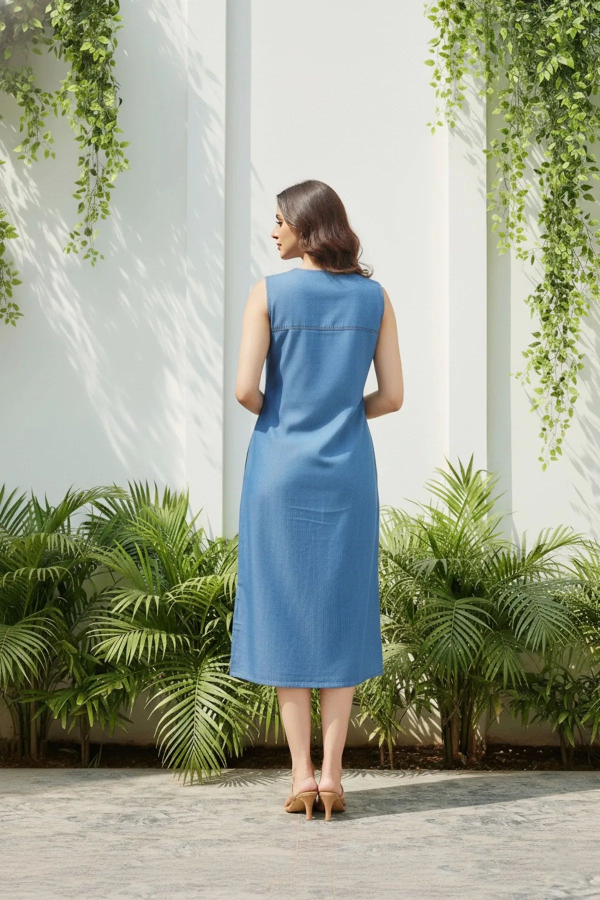 Denim Light Blue Printed Dress with Embellishment