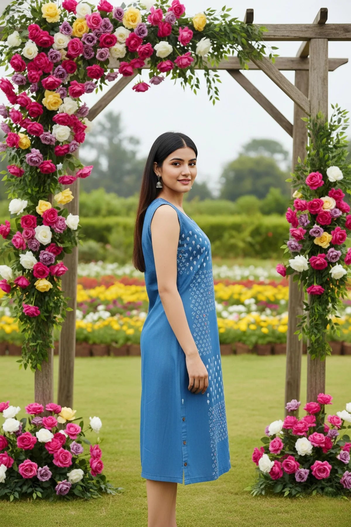 Light Blue Denim Dress with Print and Embellishment