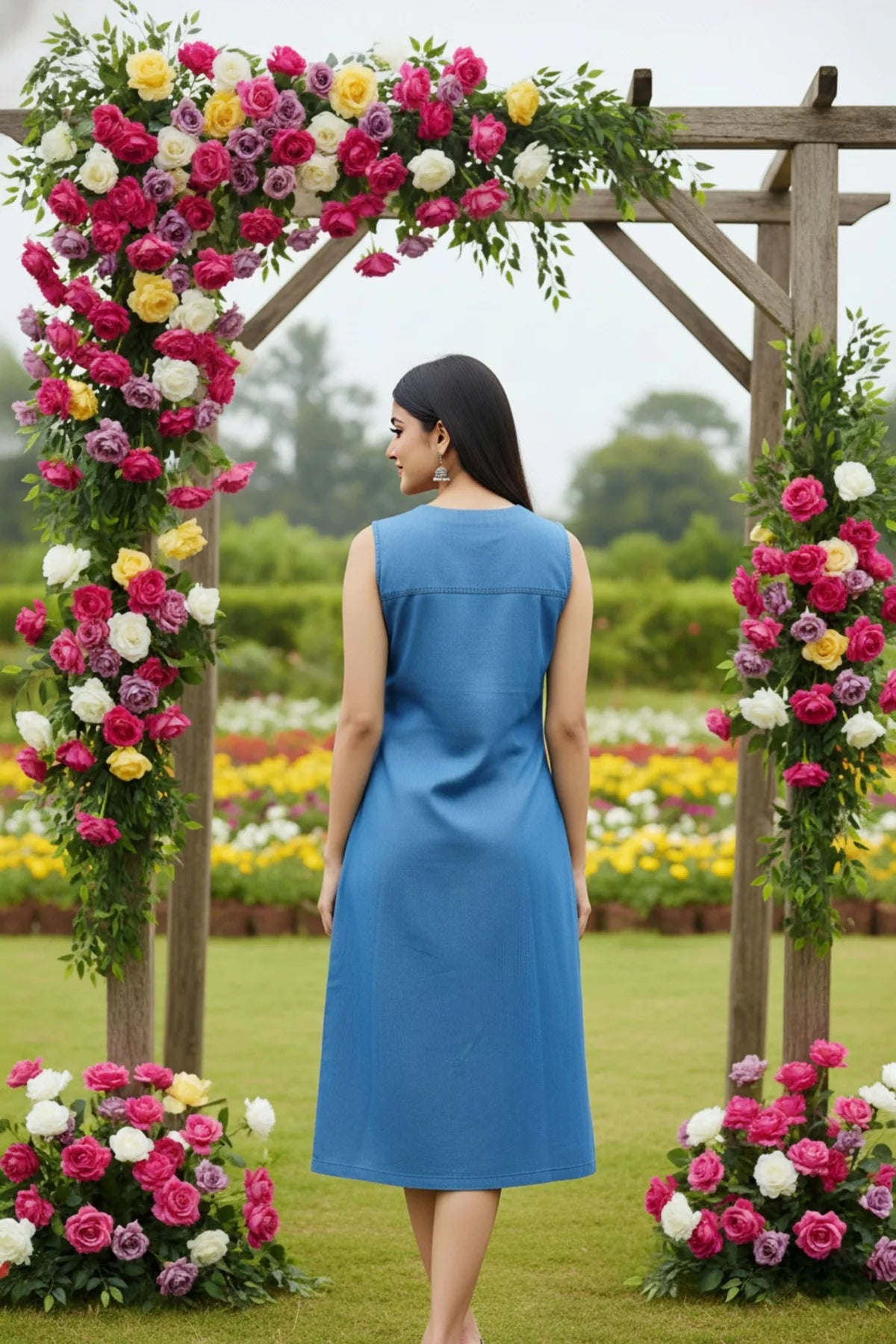 Light Blue Denim Dress with Print and Embellishment