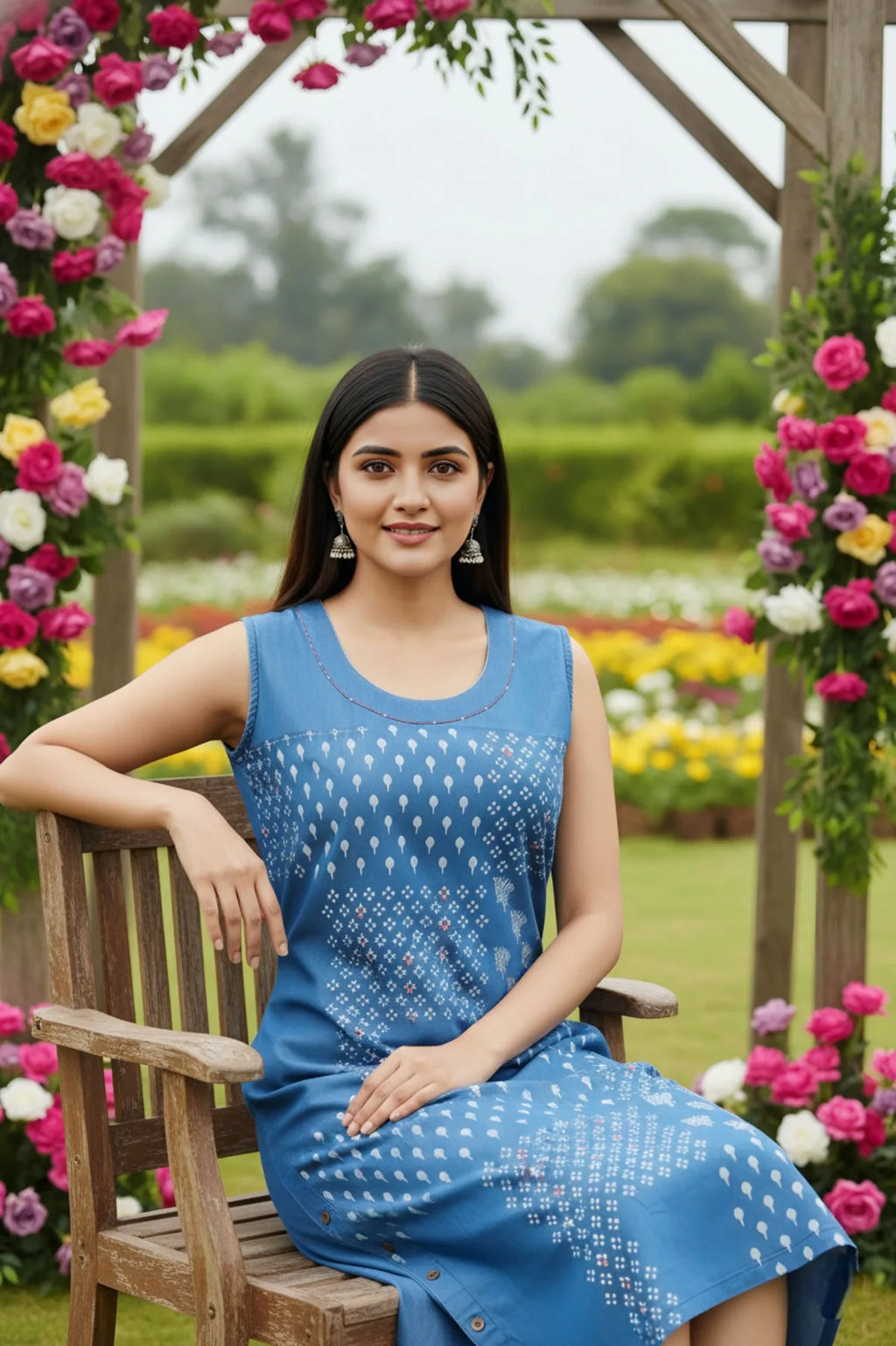 Light Blue Denim Dress with Print and Embellishment