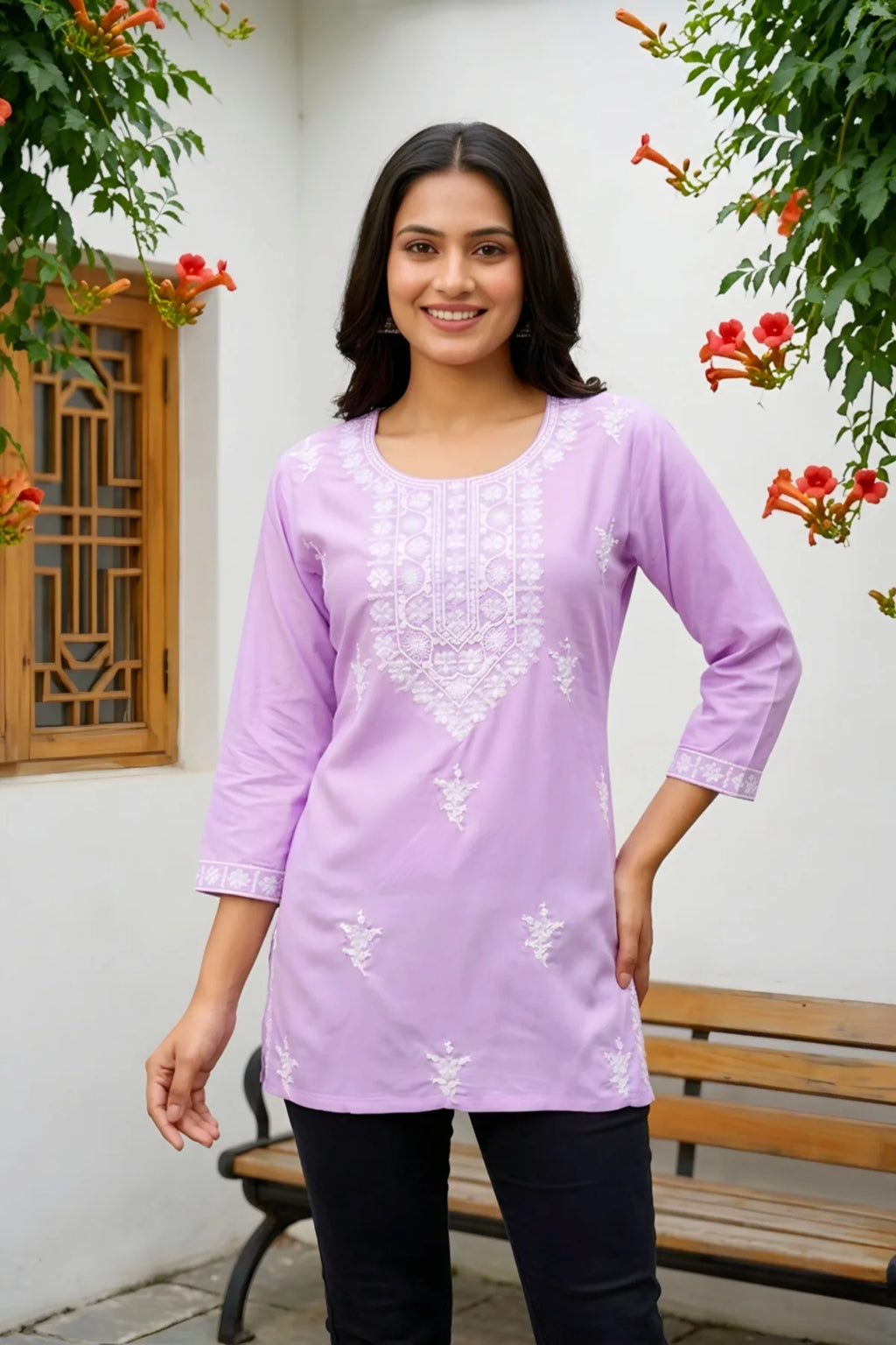 Light Purple Rayon Short Kurti with Chikankari Embroidery