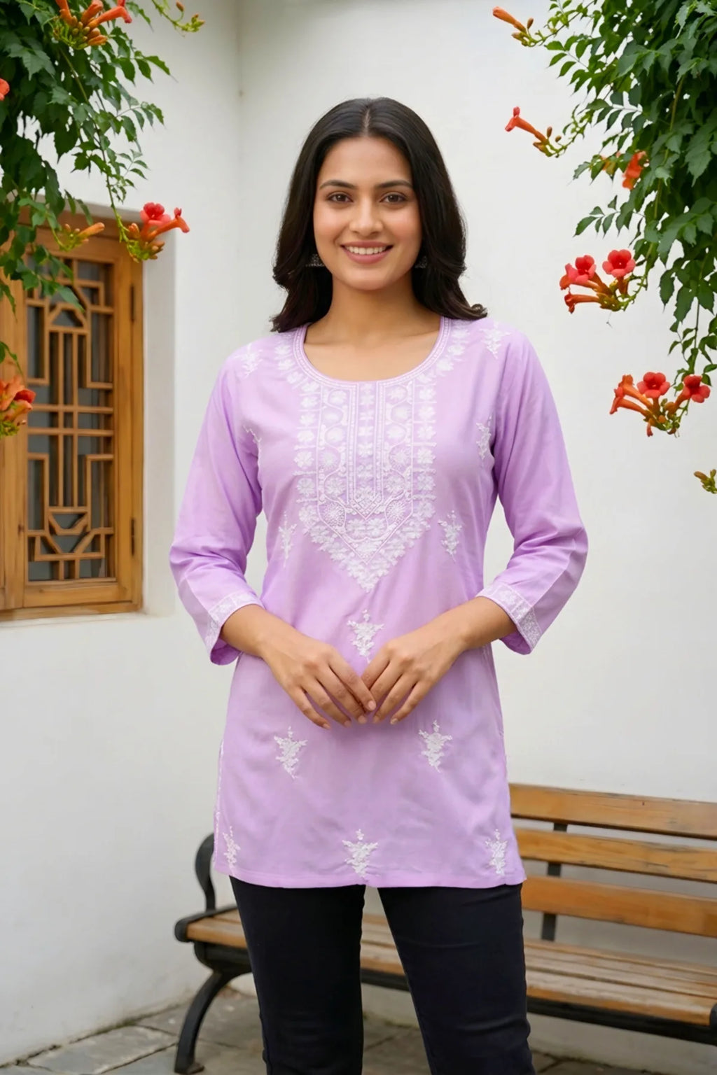 Light Purple Rayon Short Kurti with Chikankari Embroidery