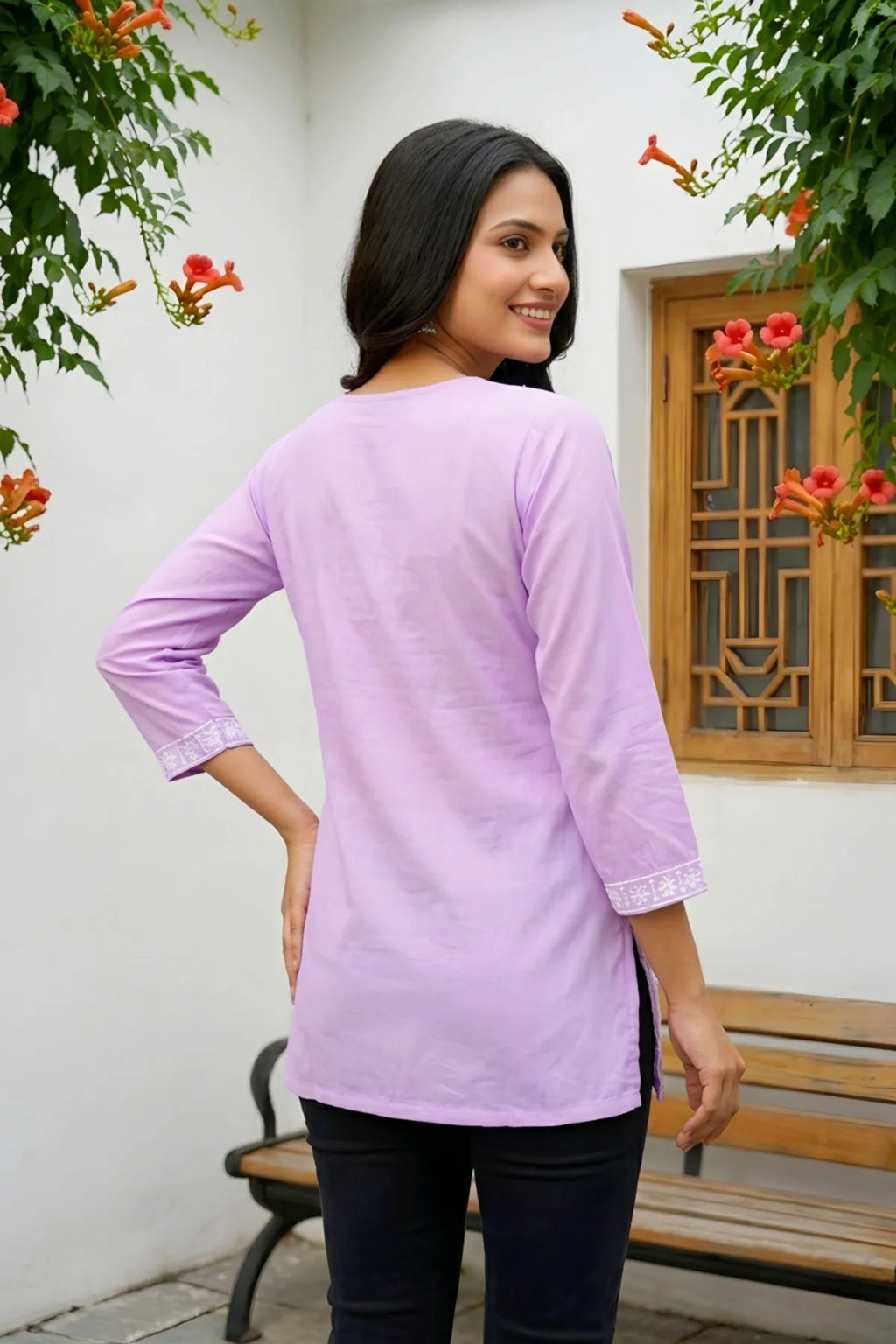 Light Purple Rayon Short Kurti with Chikankari Embroidery