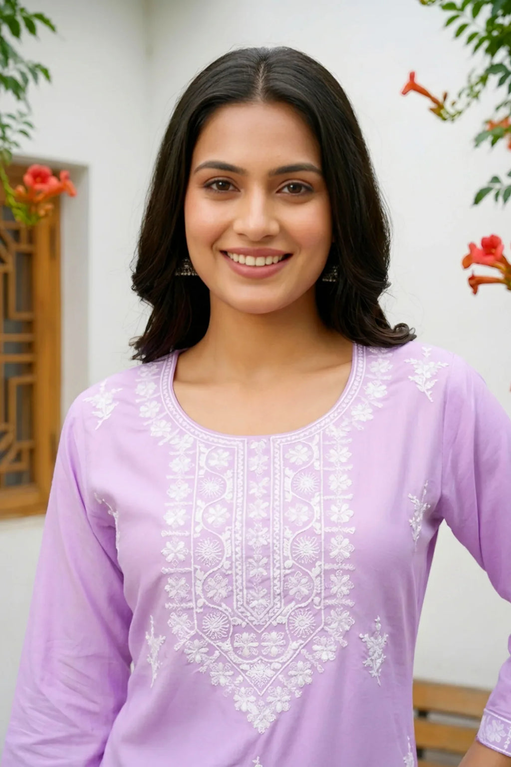 Light Purple Rayon Short Kurti with Chikankari Embroidery