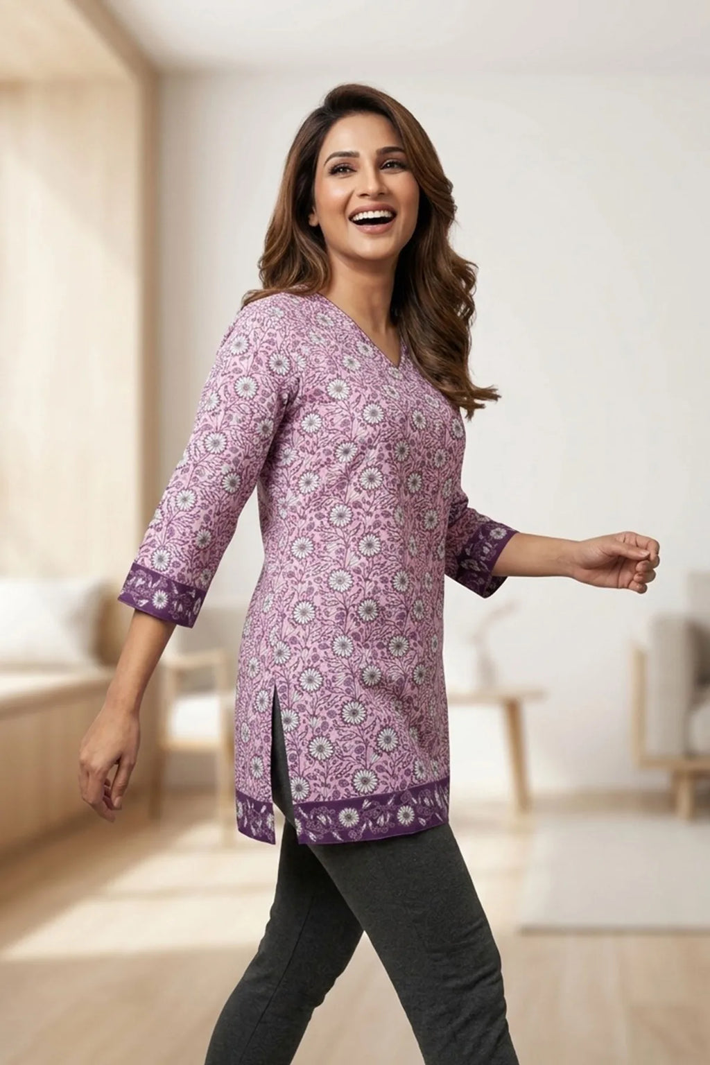 Lilac V Neck Jaipuri Printed Cotton Short Kurti for Women