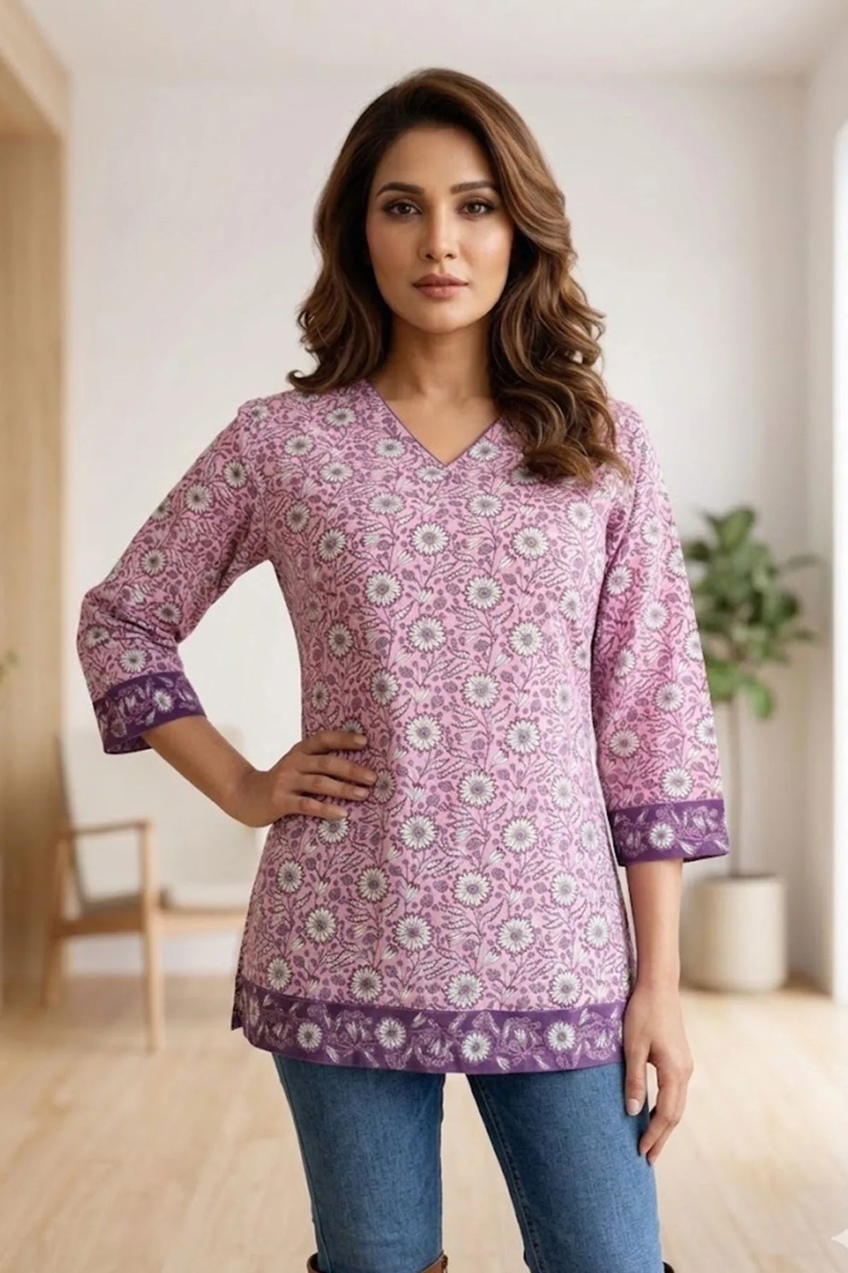 Lilac V Neck Jaipuri Printed Cotton Short Kurti for Women