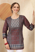 Maroon Jaipuri Cotton Print Round Neck Short Tunic