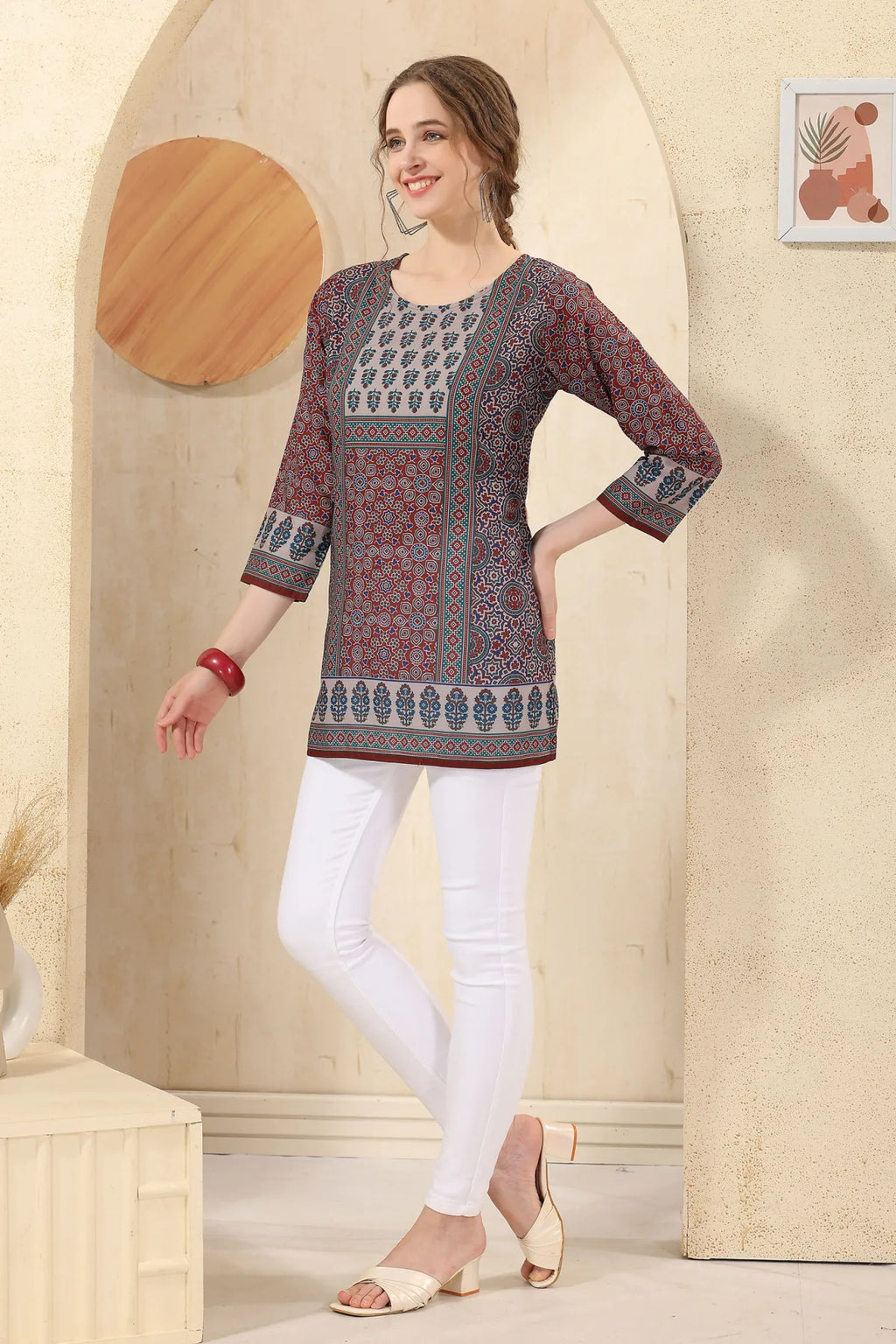 Maroon Jaipuri Cotton Print Round Neck Short Tunic