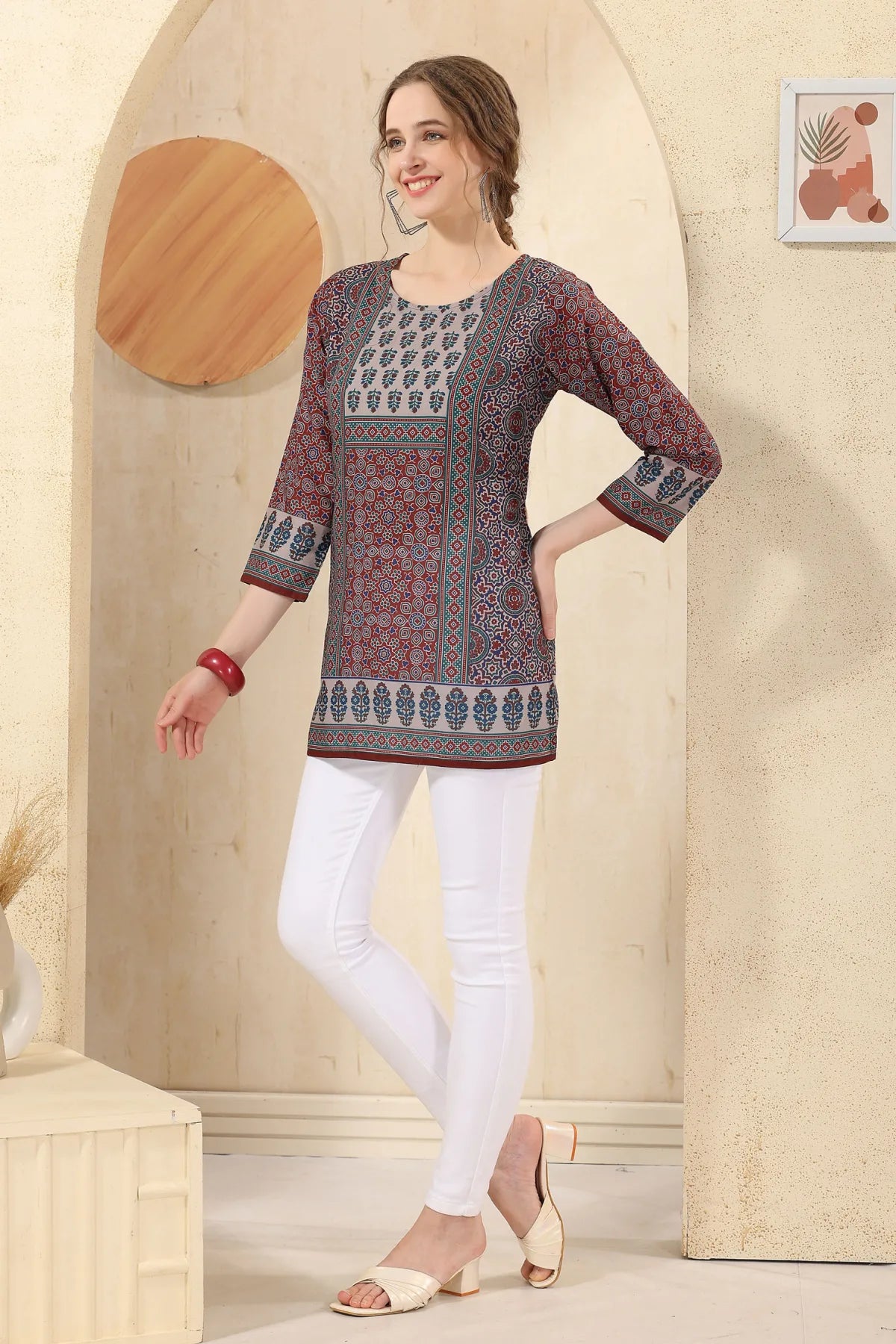 Maroon Jaipuri Cotton Print Round Neck Short Tunic
