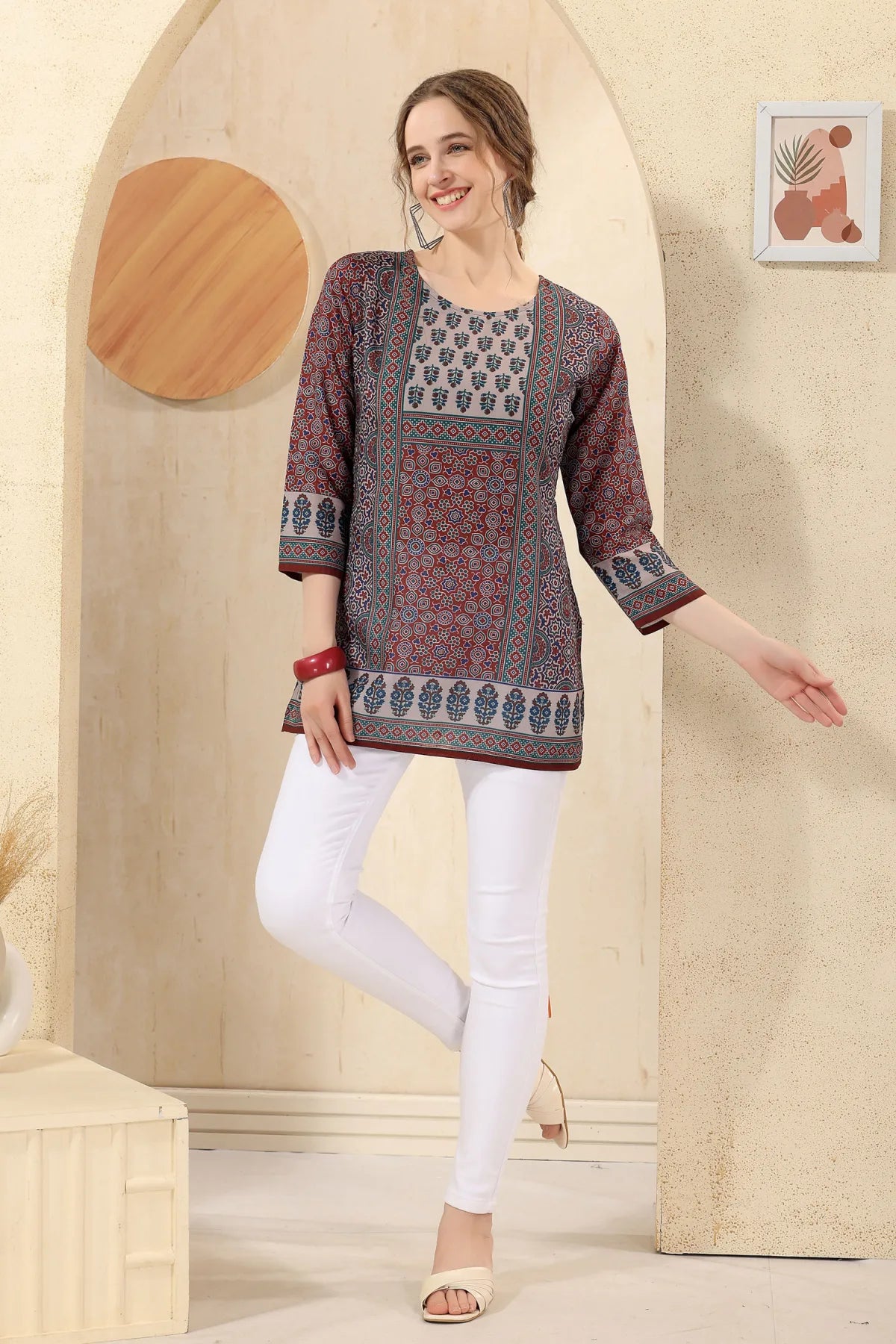 Maroon Jaipuri Cotton Print Round Neck Short Tunic