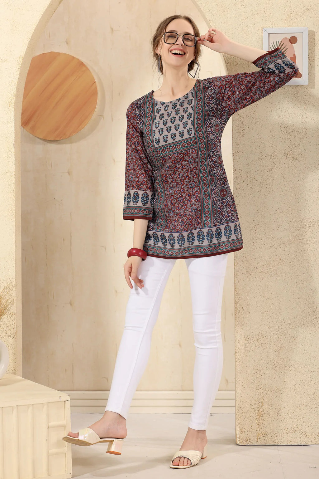 Maroon Jaipuri Cotton Print Round Neck Short Tunic