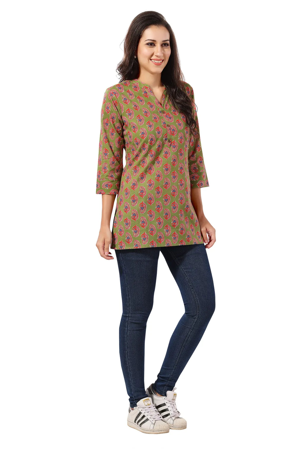 Mehandi Green Cotton Printed Short Tunic Top
