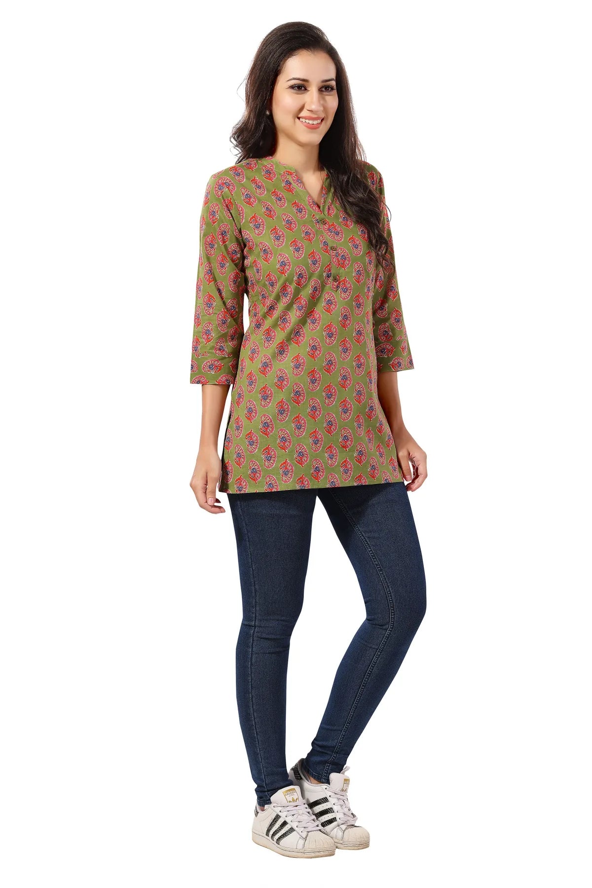 Mehandi Green Cotton Printed Short Tunic Top