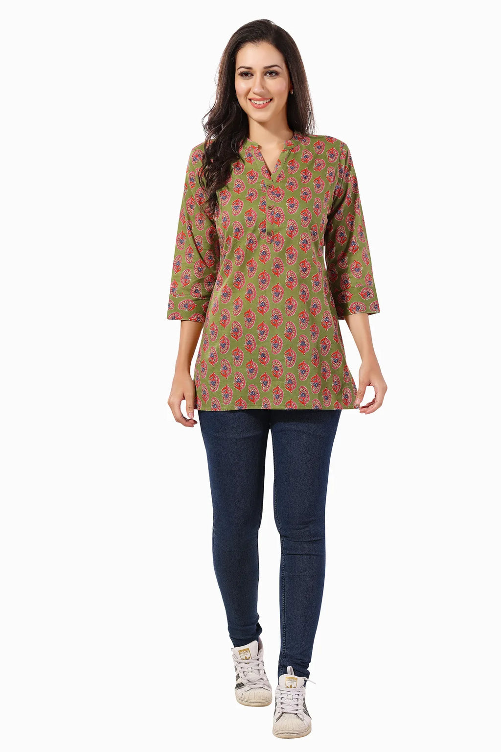Mehandi Green Cotton Printed Short Tunic Top