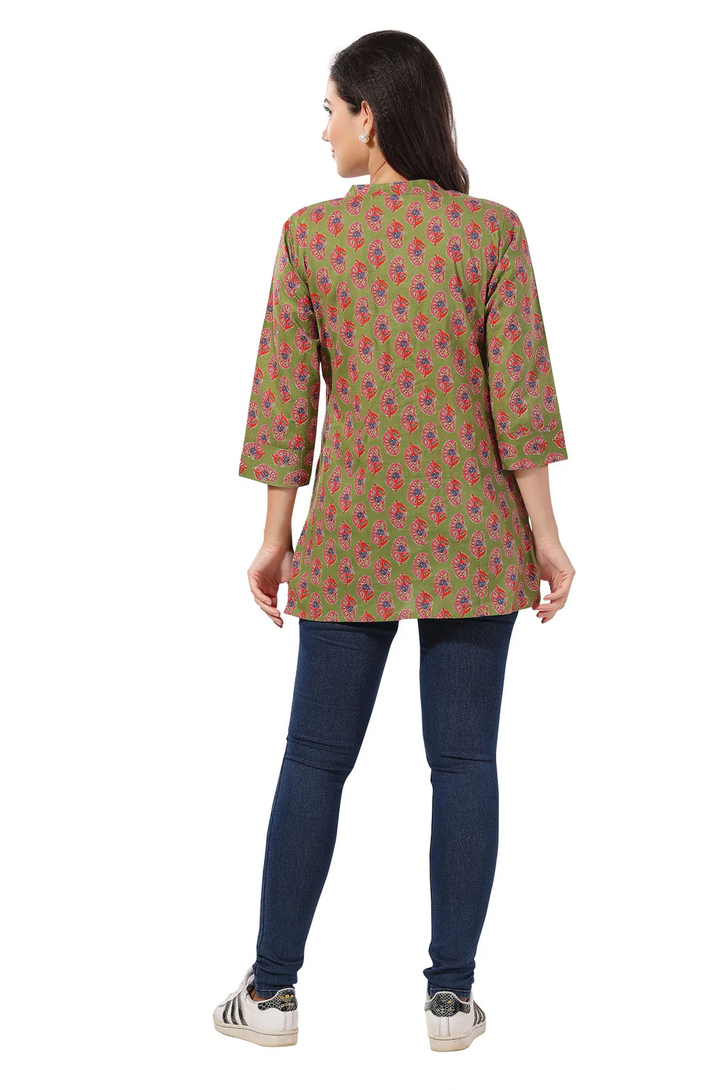 Mehandi Green Cotton Printed Short Tunic Top