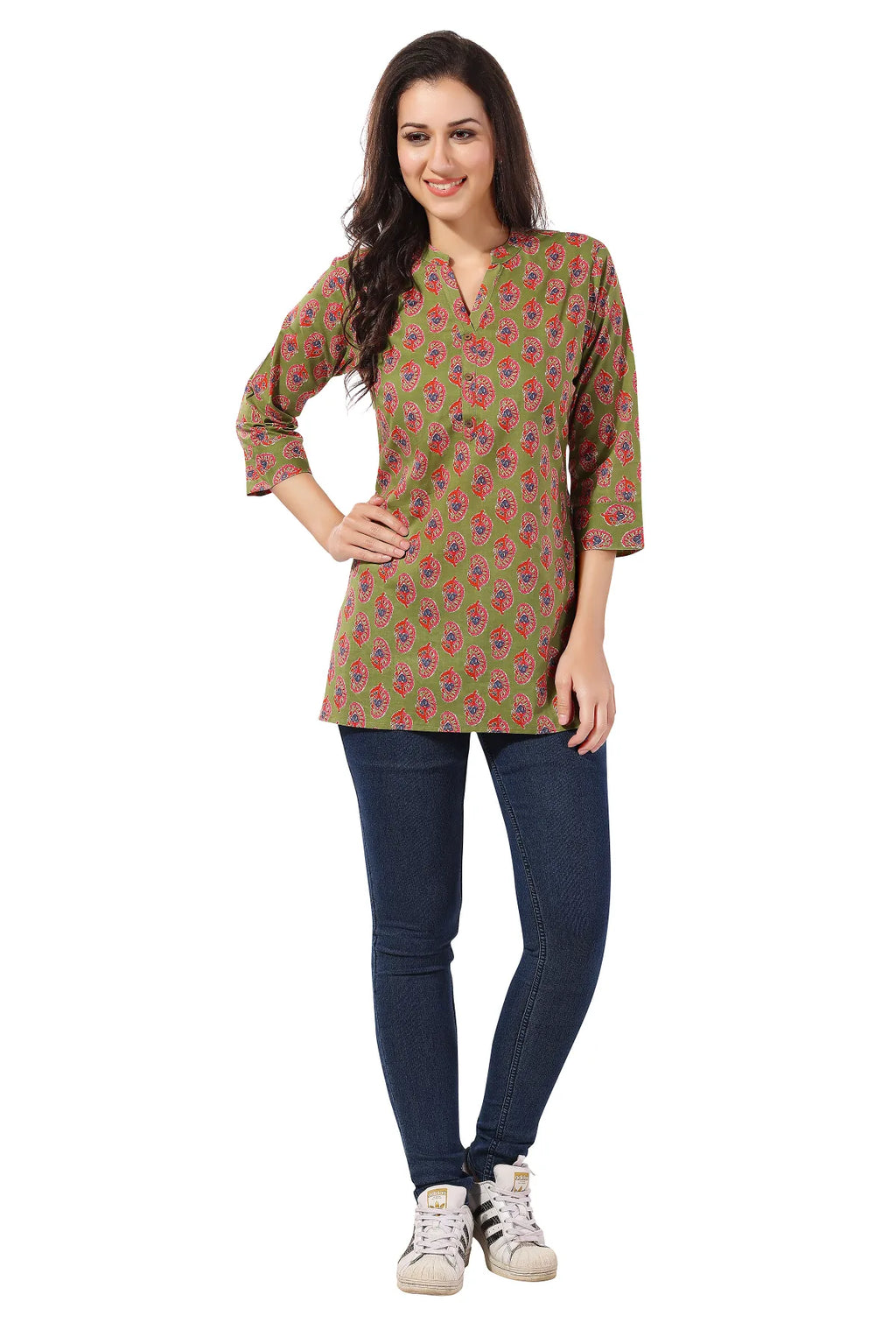 Mehandi Green Cotton Printed Short Tunic Top