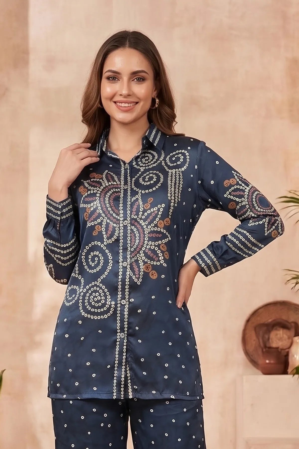 Navy Blue Modal Silk Bandhani Print Shirt Top with Collar