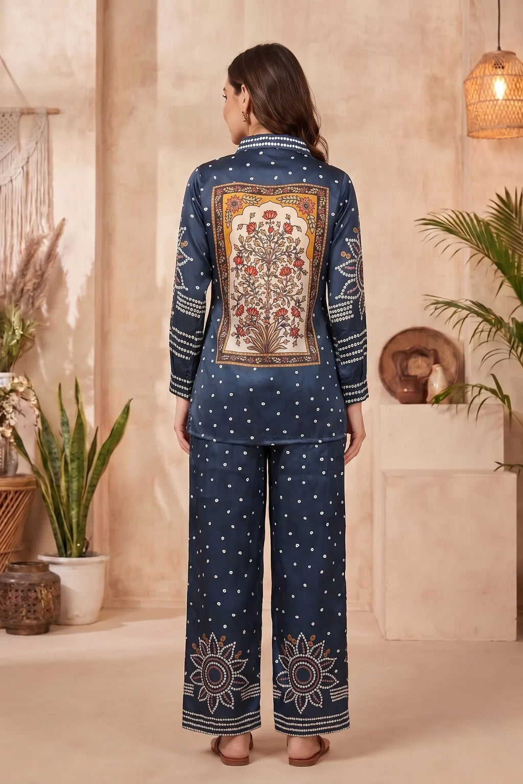 Navy Blue Modal Silk Bandhani Print Shirt Top with Collar