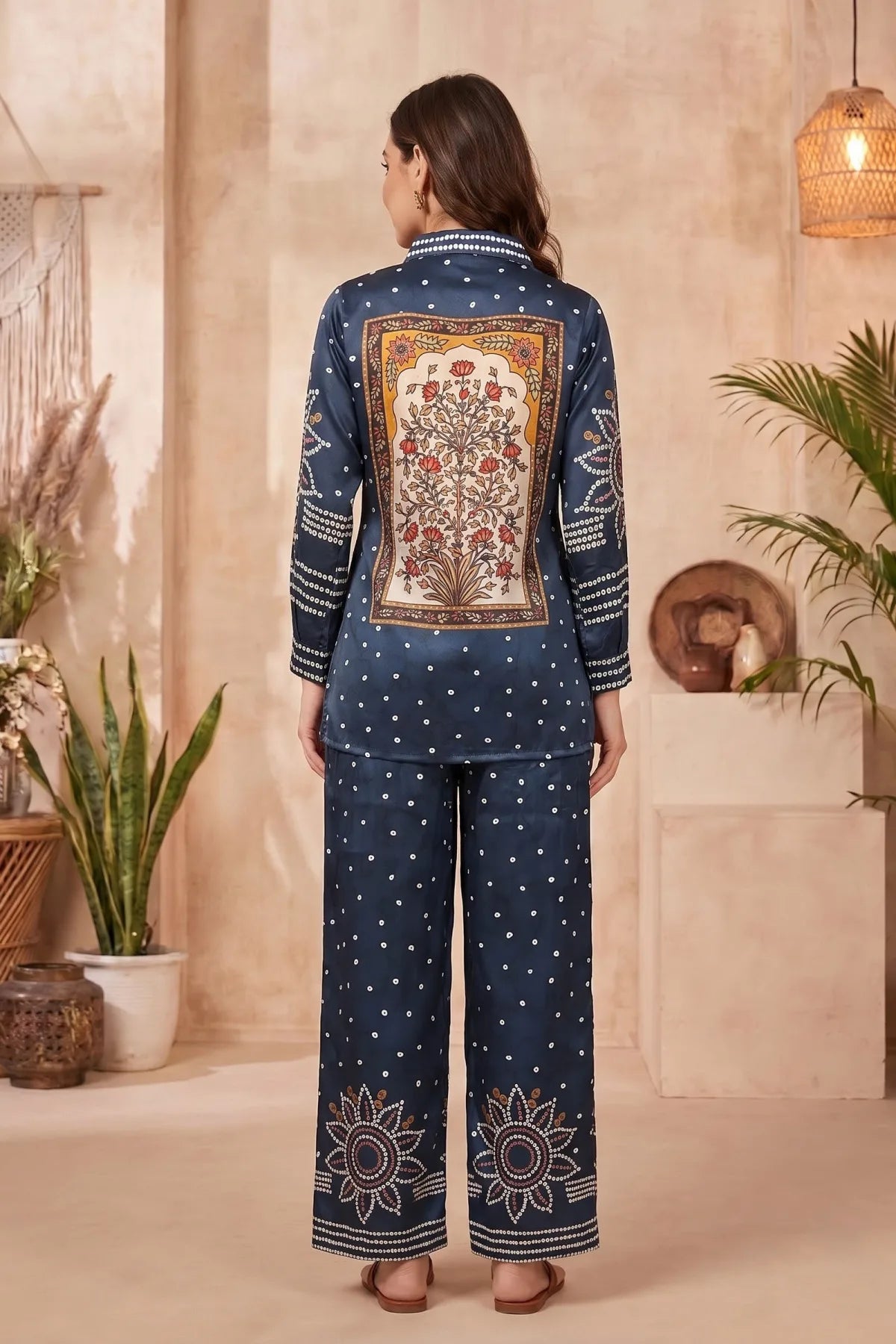 Navy Blue Modal Silk Bandhani Print Shirt Top with Collar