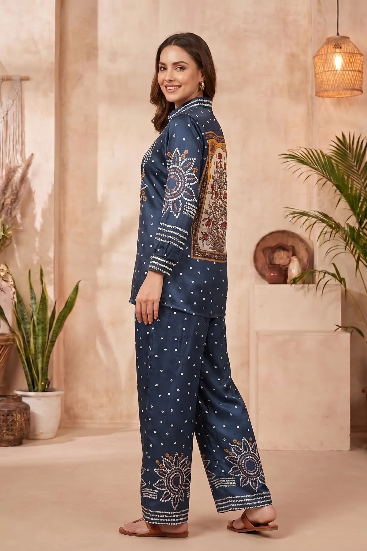 Navy Blue Modal Silk Bandhani Print Shirt Top with Collar