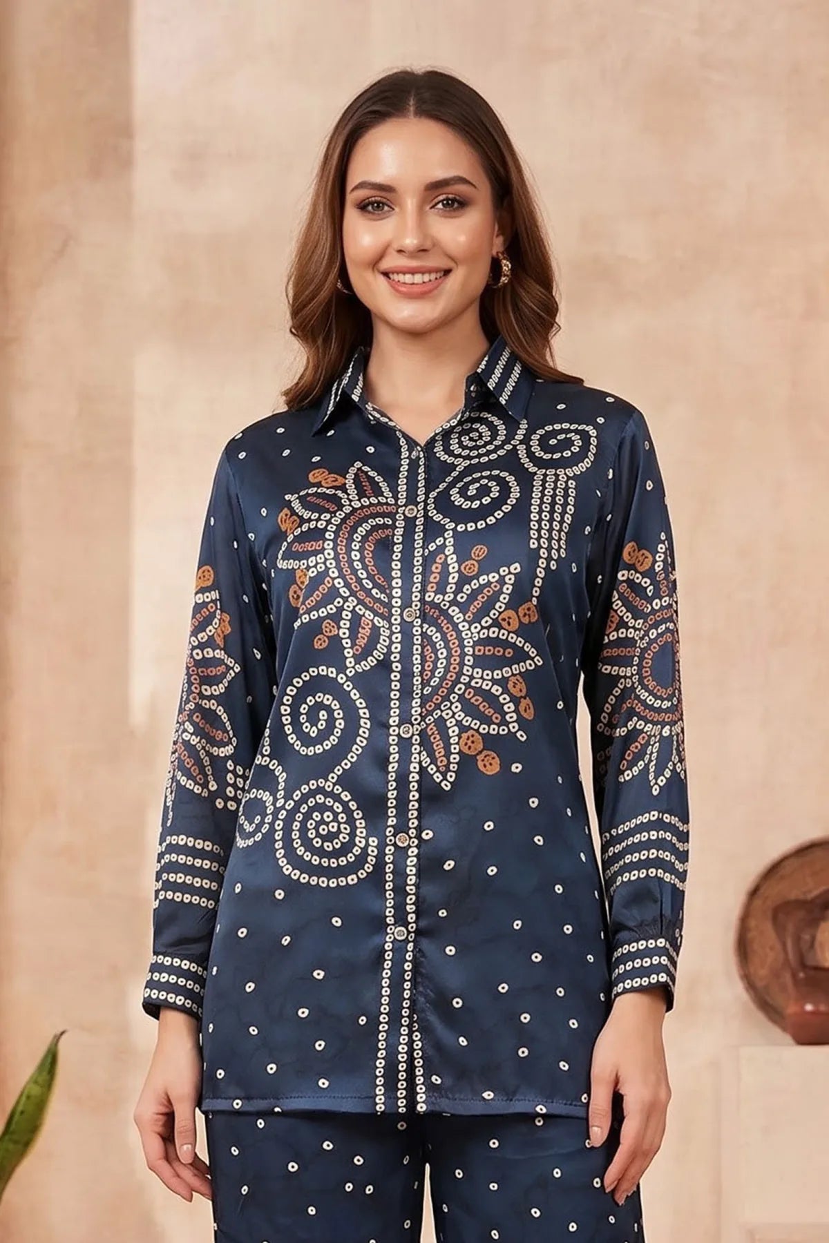 Navy Blue Modal Silk Bandhani Print Shirt Top with Collar
