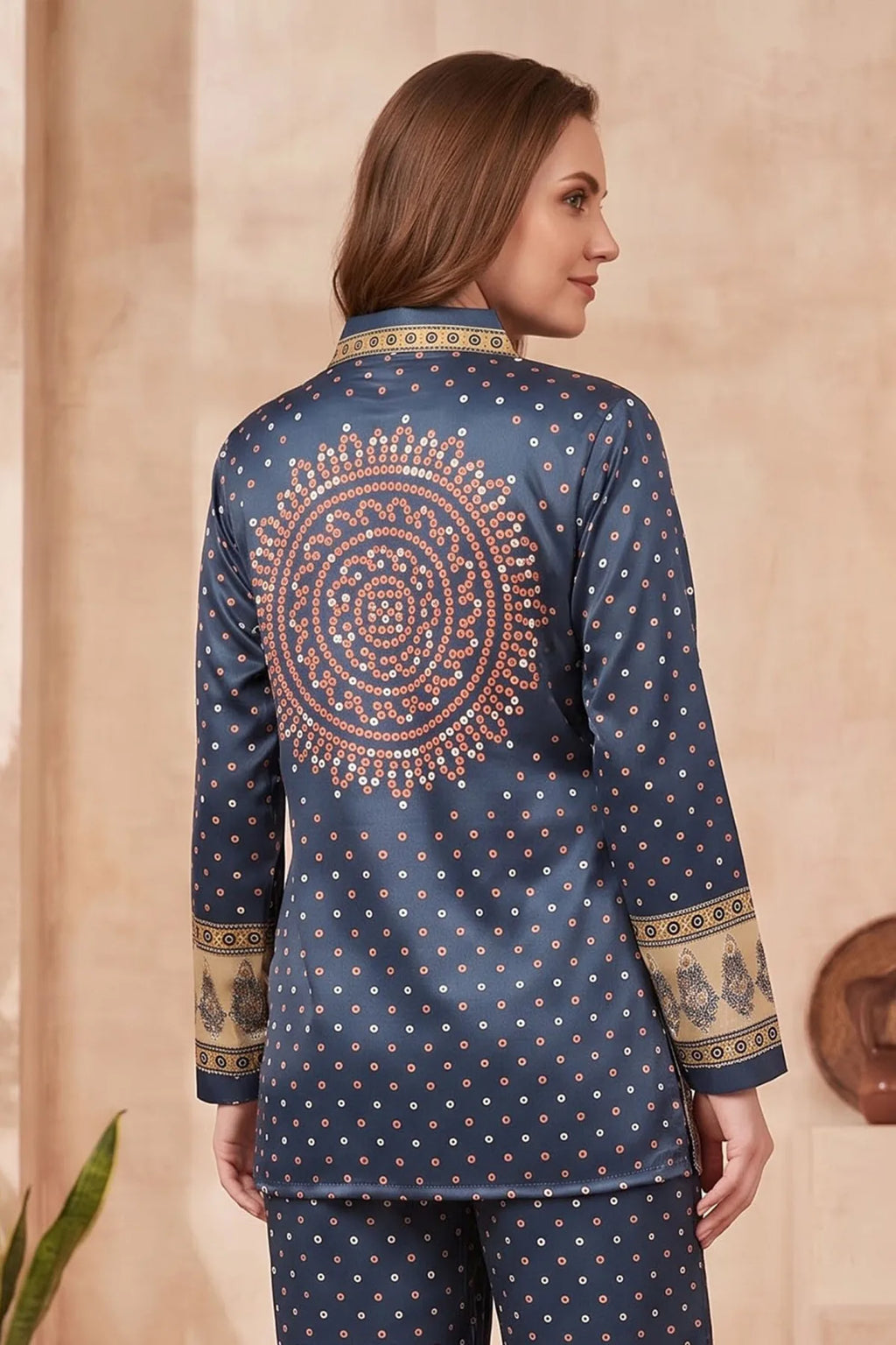Navy Blue Modal Silk Bandhani Print Shirt for Women