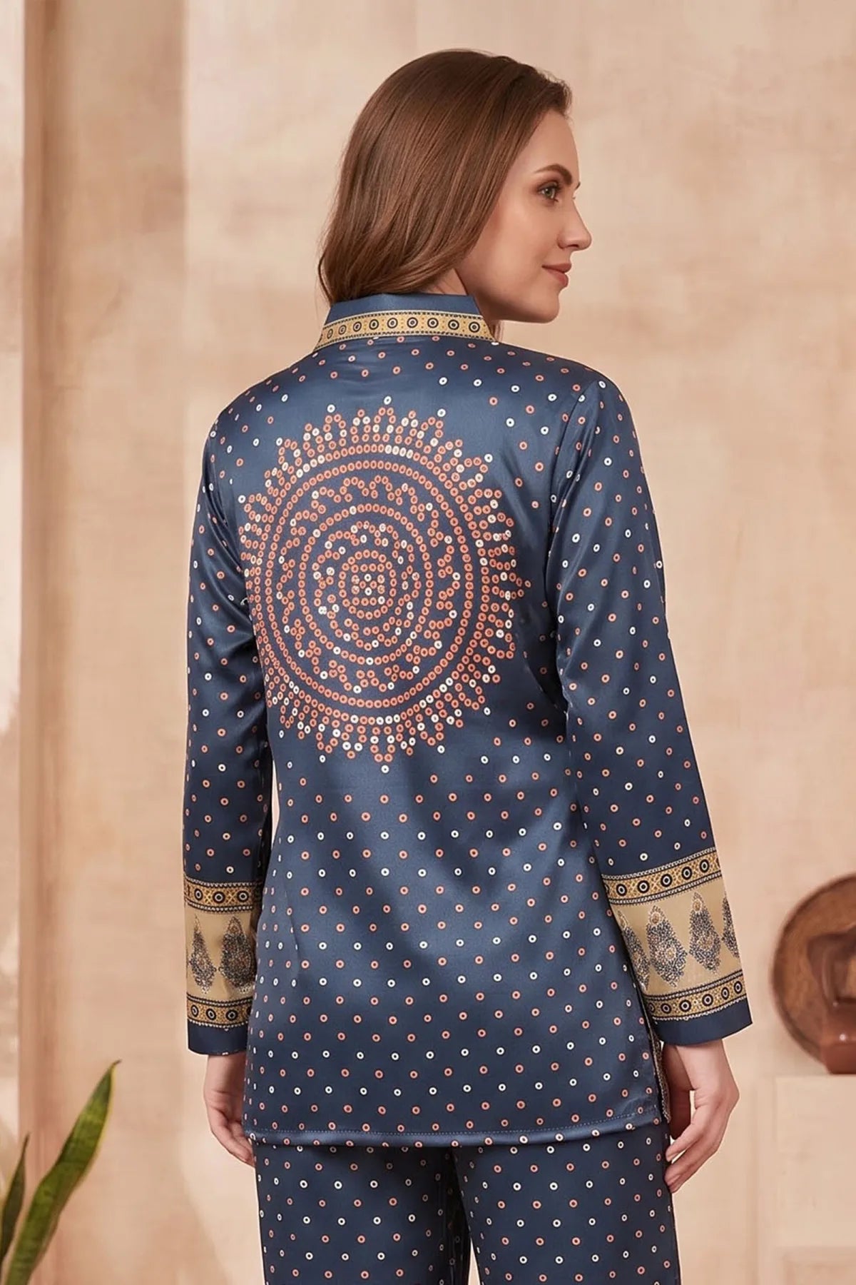 Navy Blue Modal Silk Bandhani Print Shirt for Women