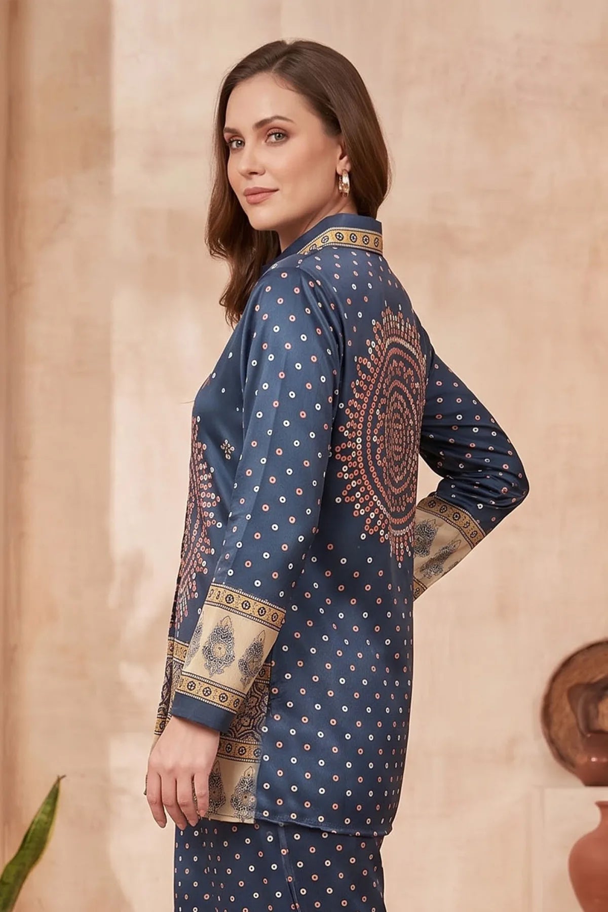 Navy Blue Modal Silk Bandhani Print Shirt for Women