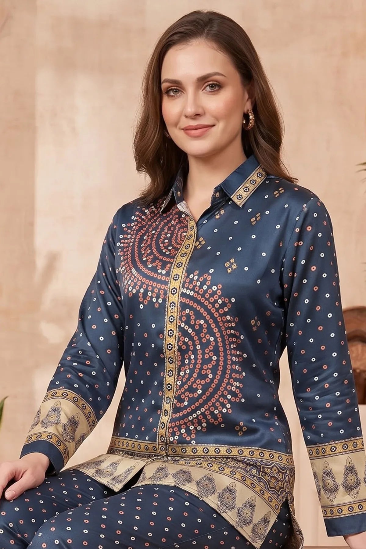 Navy Blue Modal Silk Bandhani Print Shirt for Women