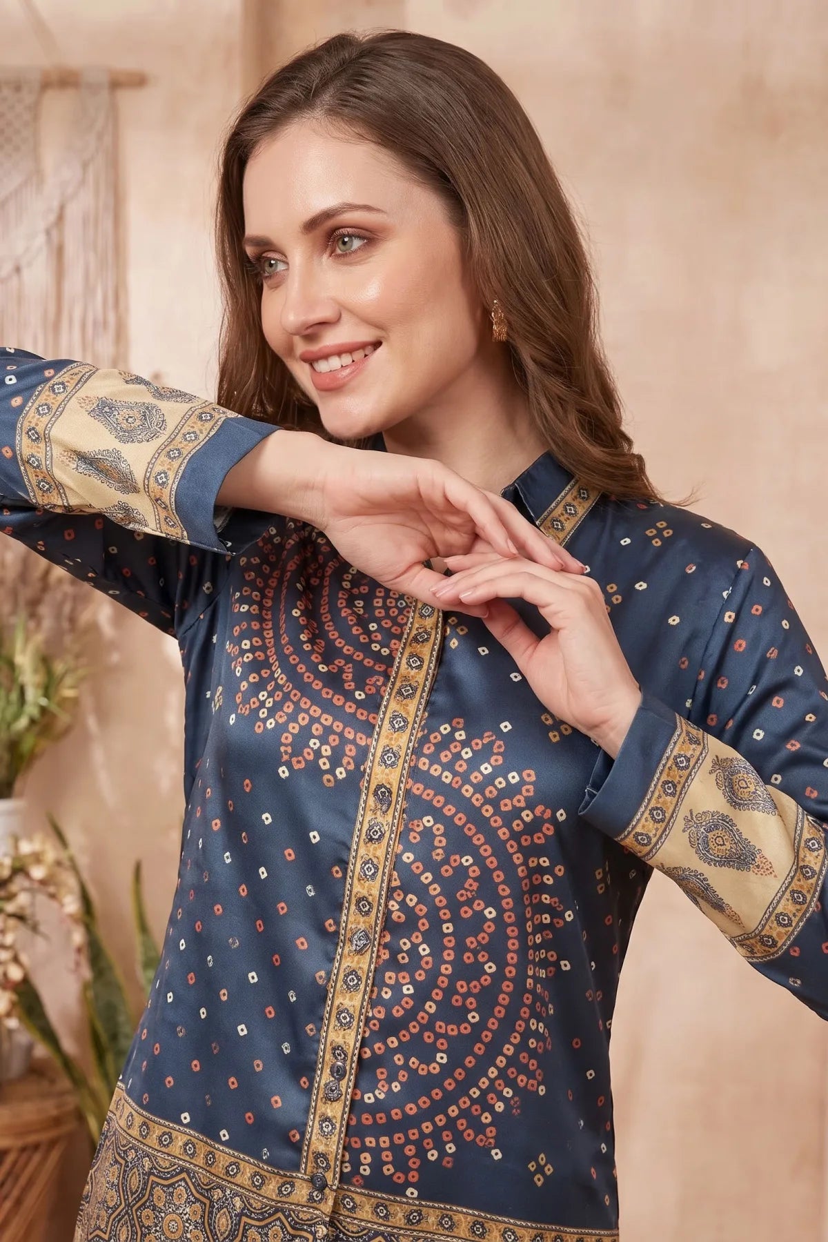 Navy Blue Modal Silk Bandhani Print Shirt for Women