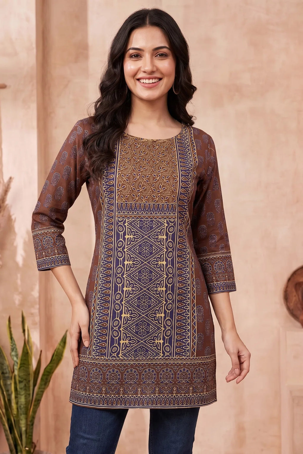 Brown Azrakh Print Blended Cotton Short Kurti
