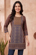 Brown Azrakh Print Blended Cotton Short Kurti