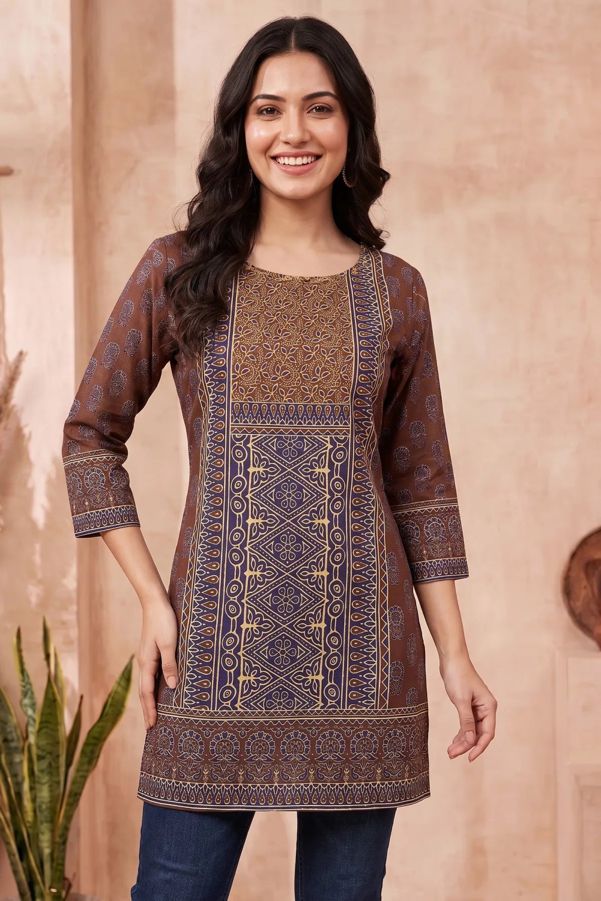 Brown Azrakh Print Blended Cotton Short Kurti