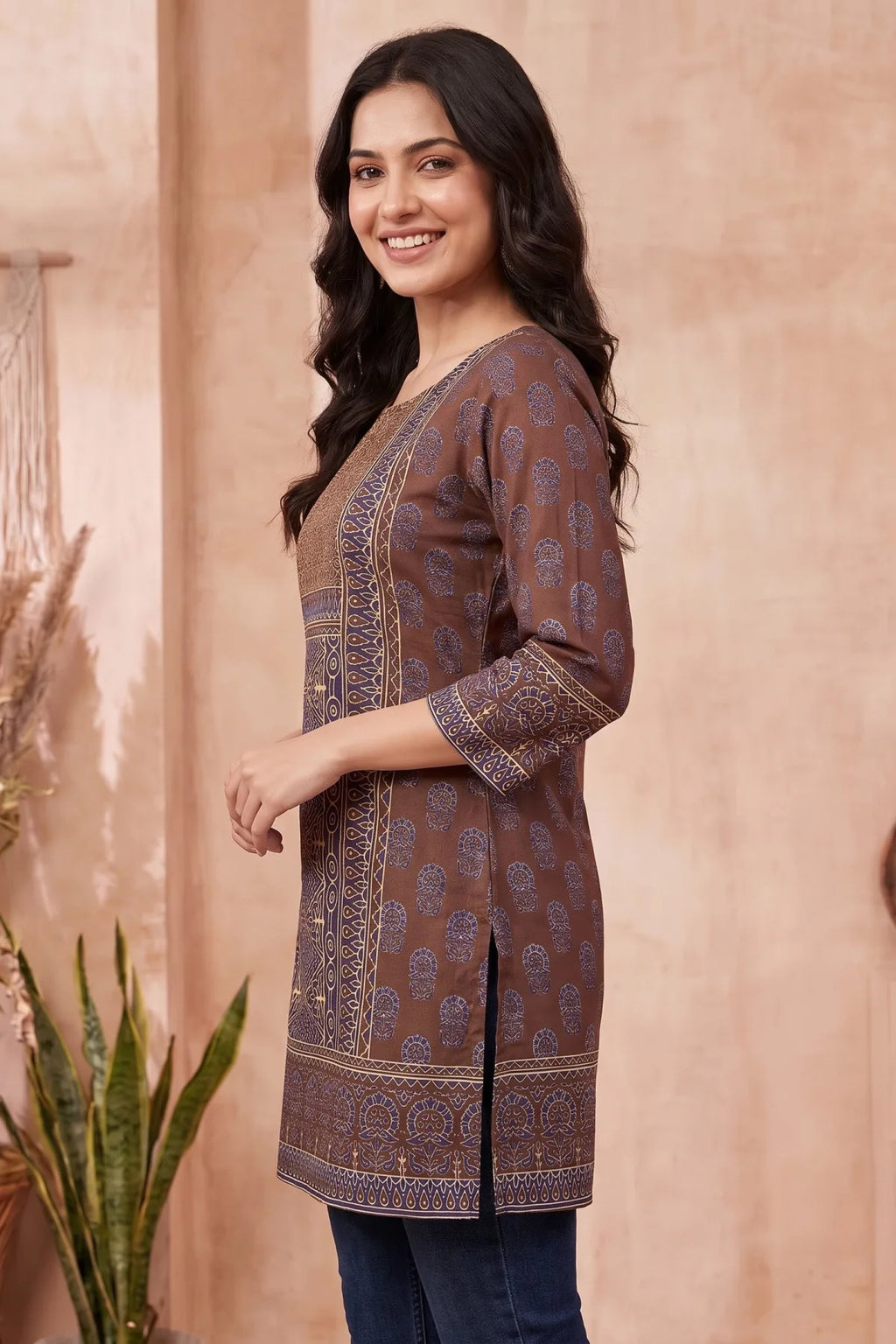 Brown Azrakh Print Blended Cotton Short Kurti