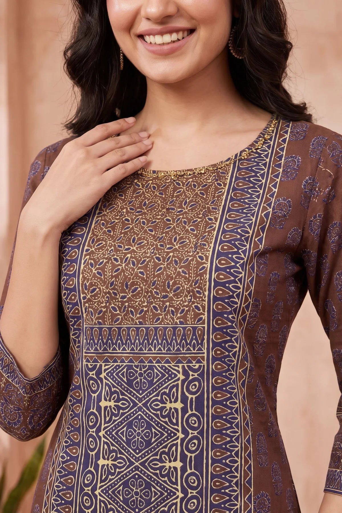 Brown Azrakh Print Blended Cotton Short Kurti
