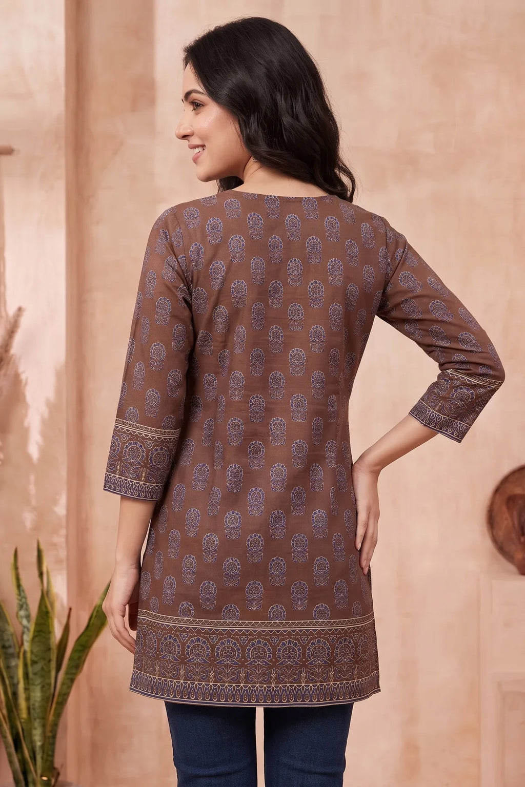 Brown Azrakh Print Blended Cotton Short Kurti