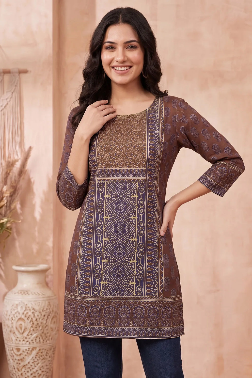 Brown Azrakh Print Blended Cotton Short Kurti
