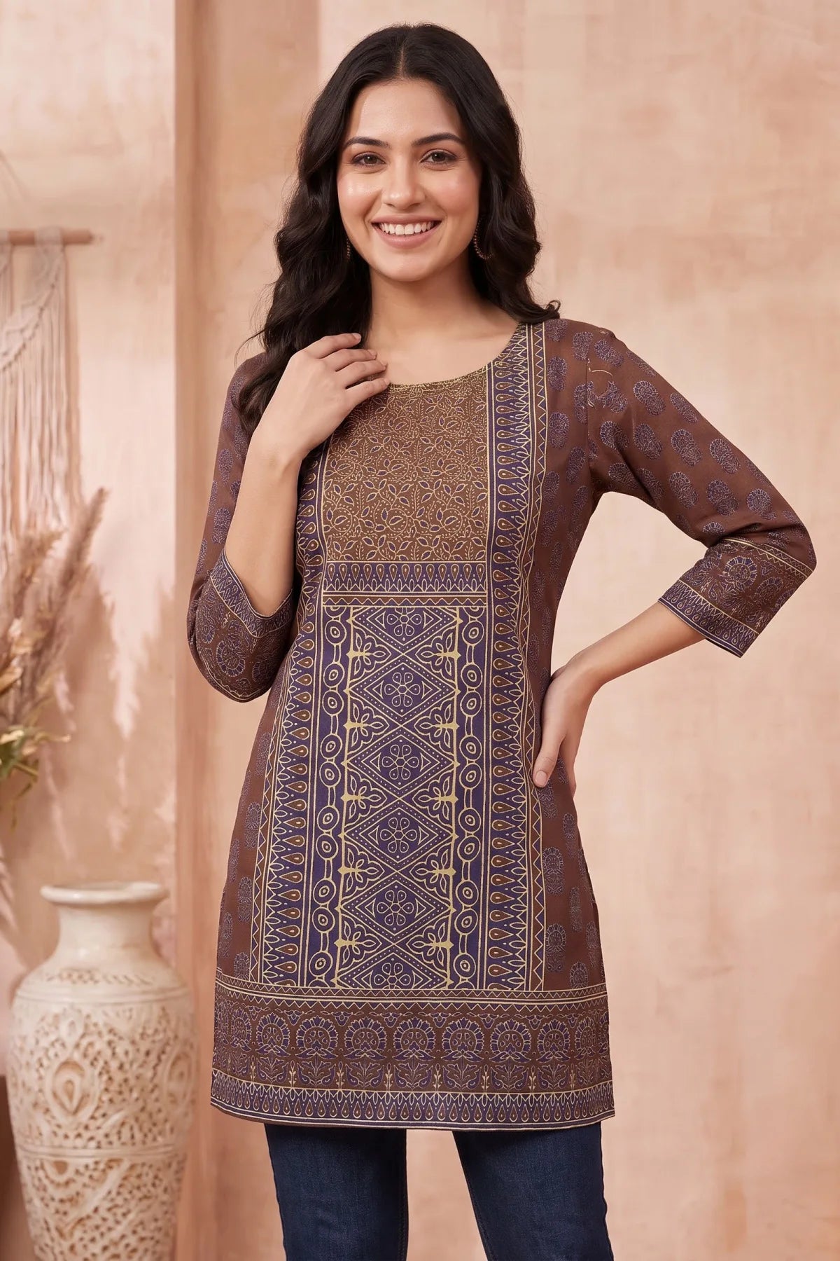Brown Azrakh Print Blended Cotton Short Kurti