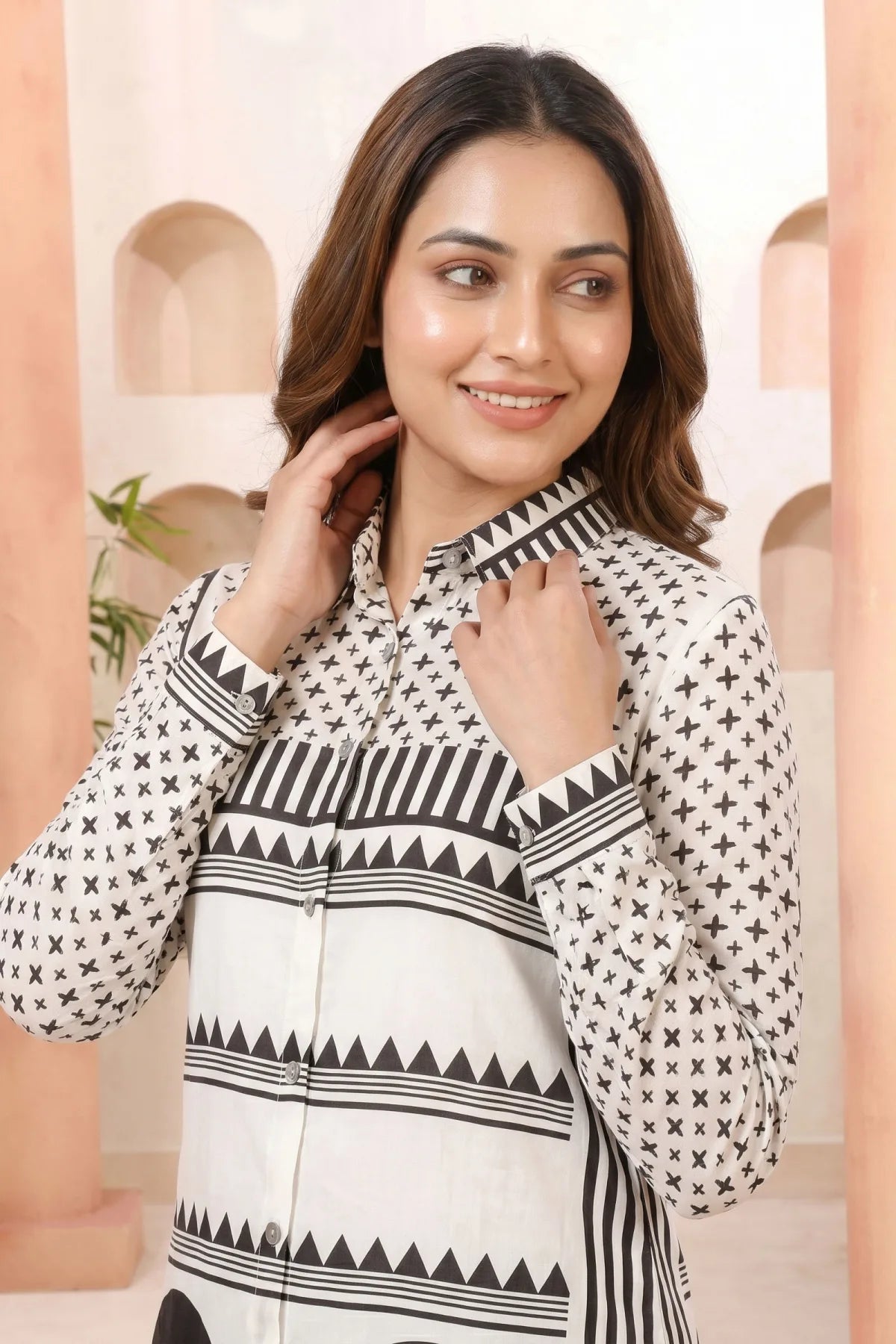 White Modal Silk Geometric Print Shirt Style Tunic