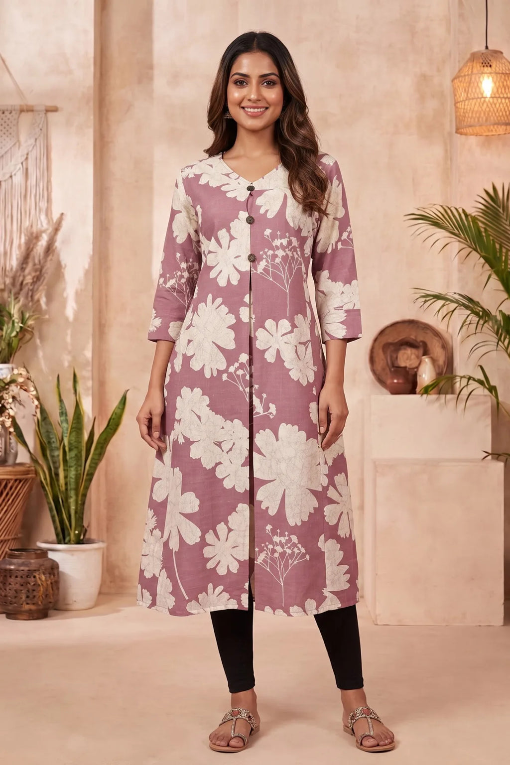 Onion Pink A Line Kurti with Large Floral Print