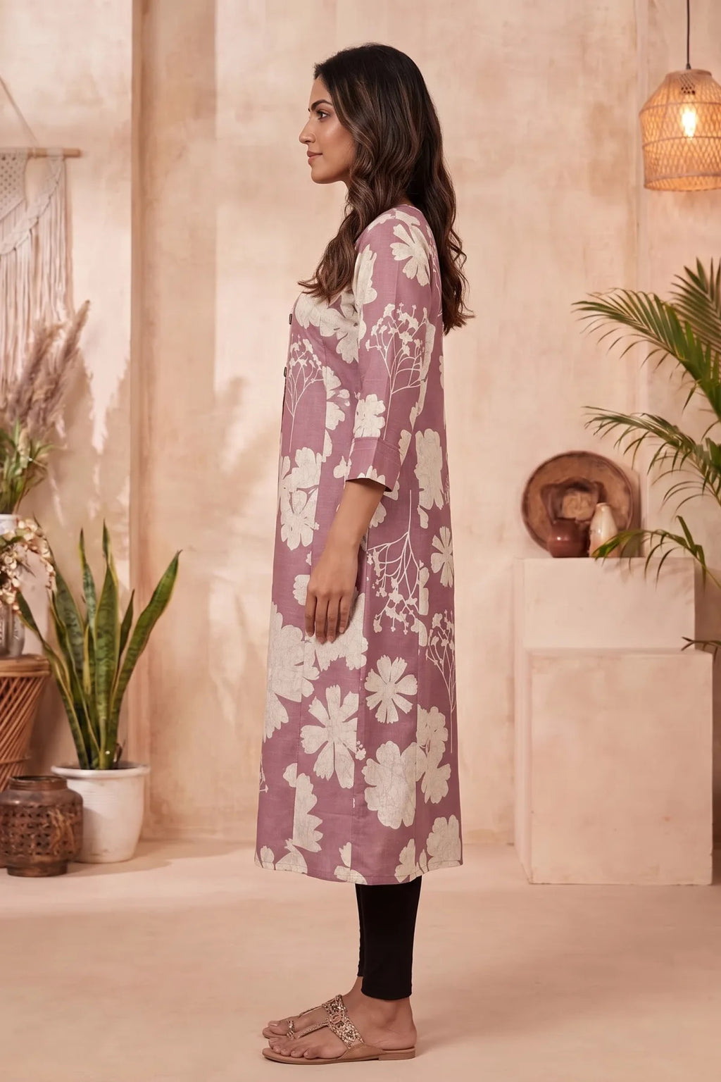 Onion Pink A Line Kurti with Large Floral Print