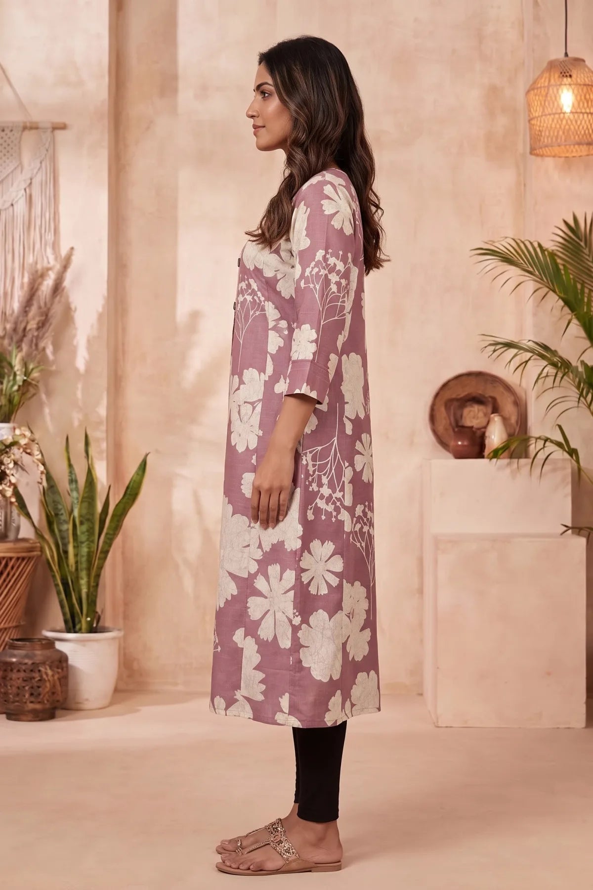 Onion Pink A Line Kurti with Large Floral Print